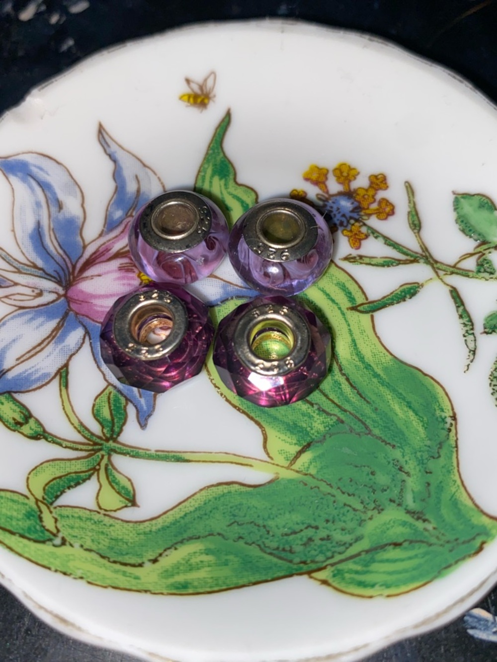 Sterling Silver Set of 4 Purple Faceted Glass European-Style Charm Beads